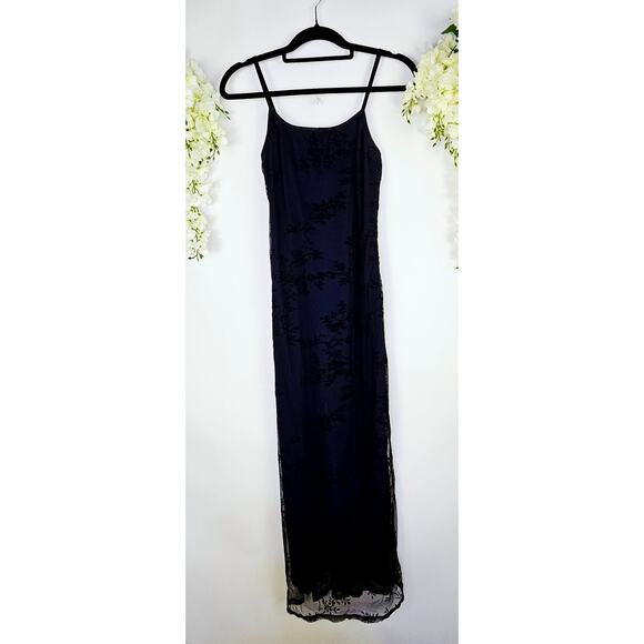 Y2K Navy Blue Black Velvet Burnout Mesh Floral Maxi Slip Dress Medium Whimsigoth - Picture 3 of 16